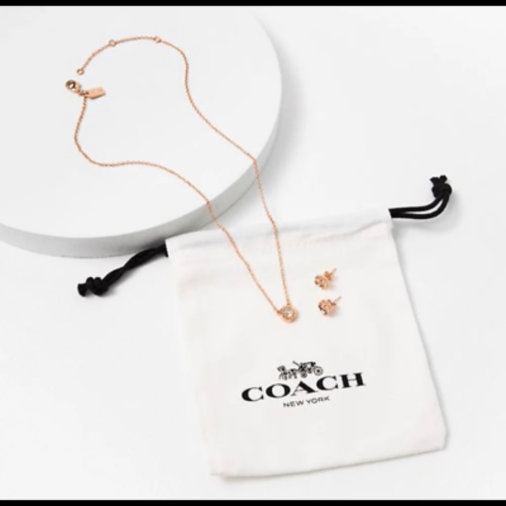 COACH Current Season Open Circle Necklace & Tea Rose Stud SET BNWT  ROSE GOLD - Picture 4 of 7